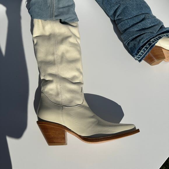 R13 Mid Cowboy Boots with Denim Sleeve Shaft Indigo Blue Ivory Size 38 NIB $1395 - Picture 8 of 16